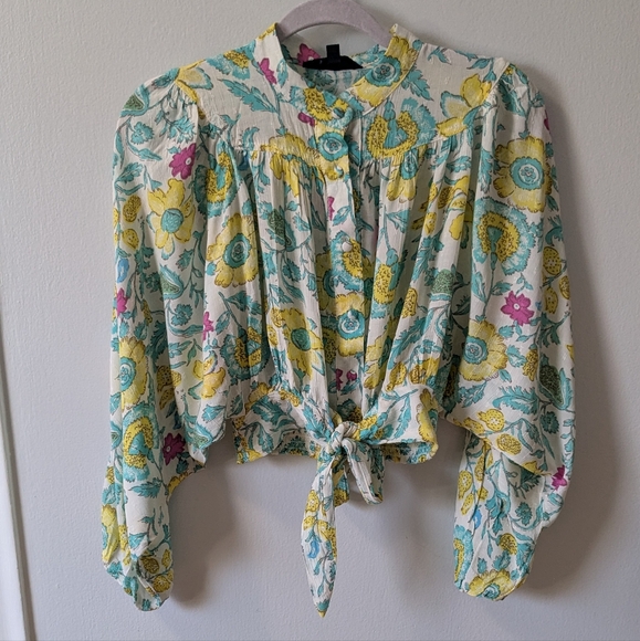 Rachel Rachel Roy Women's Blue and Yellow Crop Blouse with Bib Collar,size s - Picture 6 of 10